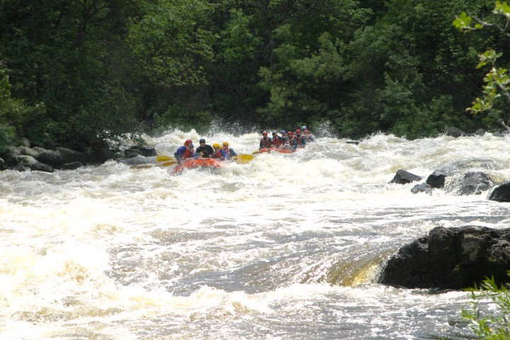 a group of people riding skis down a river