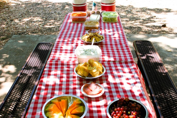 a pizza sitting on top of a picnic table